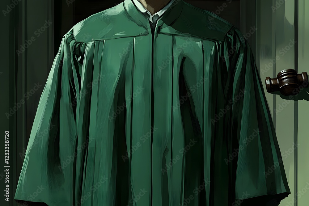 Poster A high-quality close-up of a judge’s robe, with the blurred outline of a gavel in the background. The space to the right is perfect for a call to action about justice.