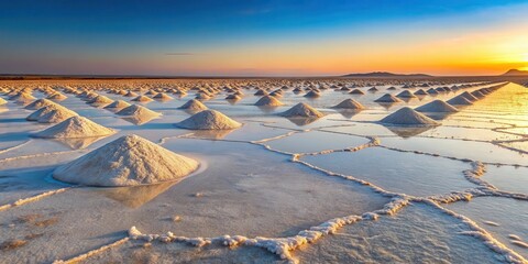Desert landscape with vast salt pans and white salt deposits at sunrise , desolate land