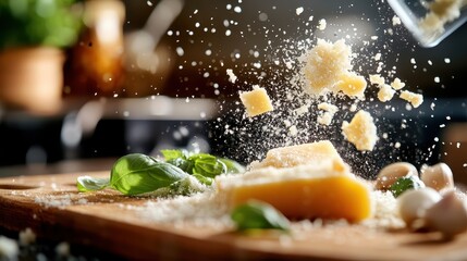 A visually captivating scene depicting freshly broken cheese scattering alongside fragrant basil leaves, representing the beauty of cooking and flavor in Italian cuisine.