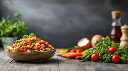 Delicious 3D-rendered Thai Som Tum with crab and salted egg, served with fresh vegetables on a plate, beautifully lit with ample space for text placement, ideal for menu or promotional design.