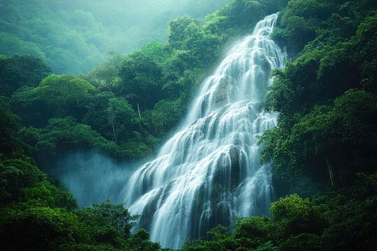 A cascading waterfall in a tropical jungle, with lush vegetation and mist rising from the base
