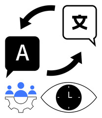 Arrows connecting speech bubbles with letters and character, team in gear, clock in eye. Ideal for language learning, translation tools, collaboration, time management, communication, global