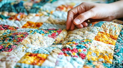 Obraz premium Skillful Handcrafting of Colorful Handmade Quilt in Soft Light
