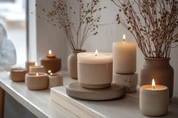 A chic, minimalist candle shop with handcrafted candles and stylish decor