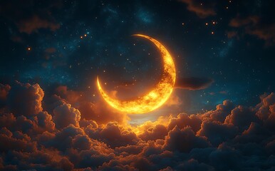 Glowing Crescent Moon Surrounded by Clouds Against Starry Night Sky

