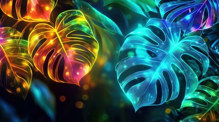 Obraz premium Abstract Neon Monstera Leaves Glowing in Forest