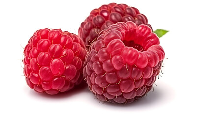 Three red raspberries on a white background