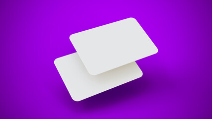 Blank credit cards mockup floating over a purple background. Rounded corners business card mock up for design template. Blank debit, credit or gift card mock up.
