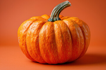 Fototapeta premium Perfect large orange pumpkin on a simple orange background showcasing its symmetrical shape and vibrant color