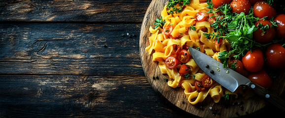Rustic Tagliatelle Pasta with Cherry Tomatoes and Herbs on Dark Wooden Background