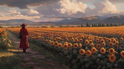 Fototapeta premium Woman in Red in Sunflower Field