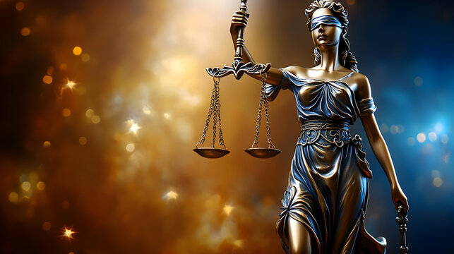 Bronze Statue of Justice Holds Scales and Sword Against Abstract Background