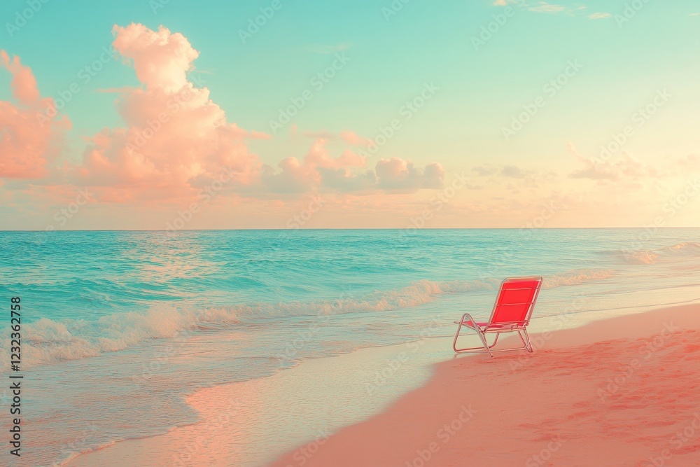 Wall mural Serene beach view with a red lounge chair at sunset near gentle waves