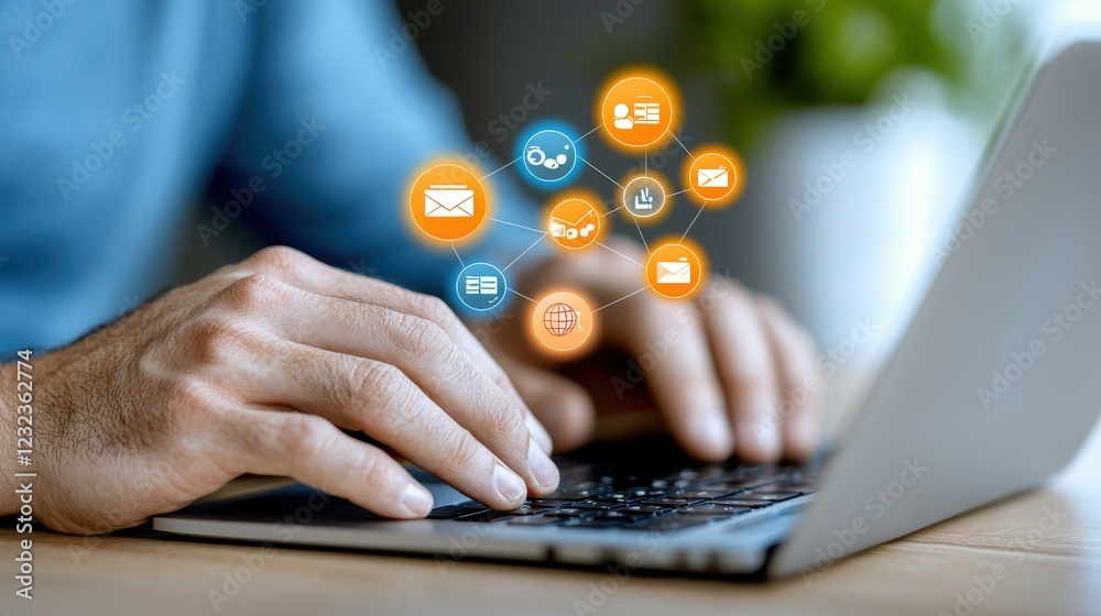 Wall mural close up view of a businessman s hands typing on a laptop computer with a glowing virtual interface 