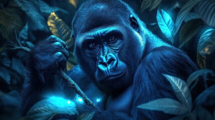 Silverback Gorilla Holding a Branch Surrounded by Green Leaves