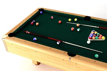 Billiard table isolated. Billiard table with balls and cue isolated on white background