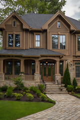 Fototapeta premium Luxury Craftsman Home Exterior: Dream House Design, Landscaping, and Architecture
