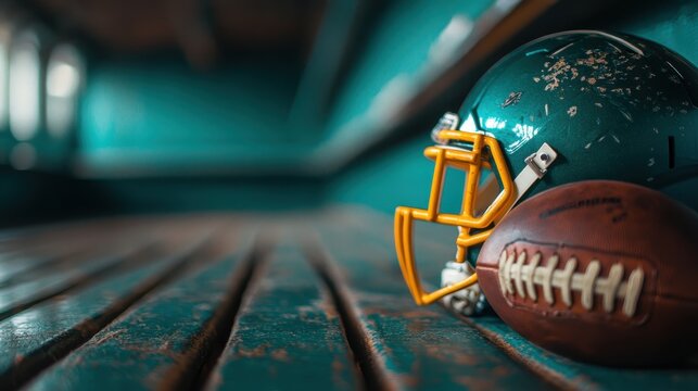 A close-up of a worn football helmet and a ball rests on a bench inside a locker room, denoting the spirit of teamwork, competition, and athletic dedication cultural essence.