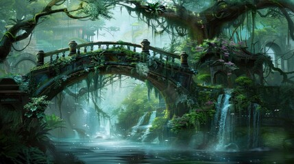 Enchanted Jungle Bridge: A Mystical Waterfall Oasis