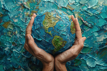 Creative representation of planet earth cradled in human hands showcasing environment and care for the world