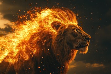 A close-up of a majestic lion with a mane made entirely of flames standing against a dark, stormy sky