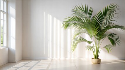 Tall palm plant in decorative pot placed by window in bright, minimalist interior