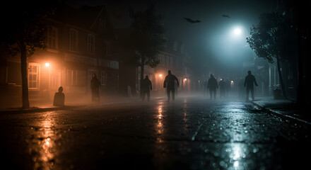 halloween creepy figures in the street at night