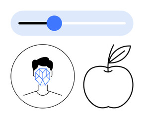 Facial recognition in circle with geometric design overlay, adjustable slider, and apple icon. Ideal for AI, machine learning, biometric security, customization, tech interfaces, user settings