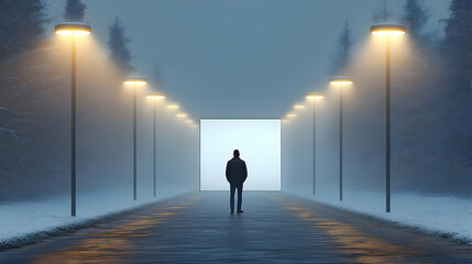 Solitary Figure Stands Before a Glowing Rectangle in a Misty, Lamp-Lit Snowy Landscape