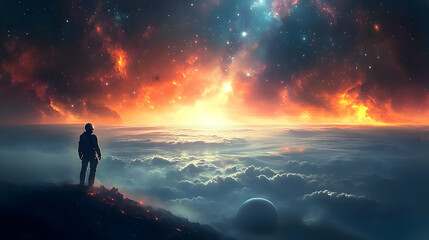 Obraz premium Astronaut Stands on Volcanic Mountain Observing Alien Planet Sunrise through Nebula Clouds