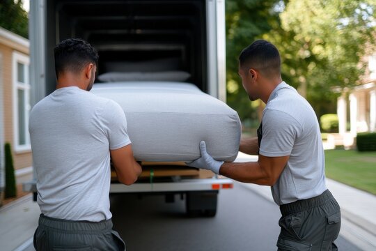 Two strong men in matching shirts are lifting a mattress out of a moving truck, demonstrating teamwork and effort during a relocation or delivery process in the daylight.
