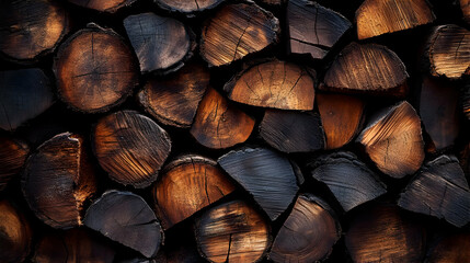 Stacked Firewood Logs Creates a Rustic Textured Background with Warm and Dark Tones