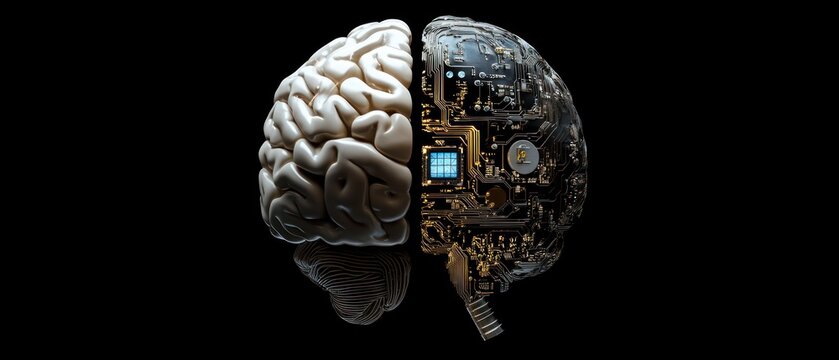 Half digital brain merging with biological brain, illustrating artificial intelligence and human mind