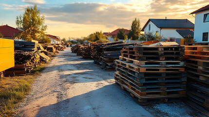 Obraz premium Stacks of Wooden Pallets and Building Materials along a Dirt Road at Sunset in a Residential Area