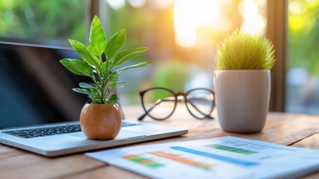 Environmental Impact Evaluation Using Charts Data Analytics and Technology on a Modern Minimalist Workspace Desk with Laptop Plants and Decor