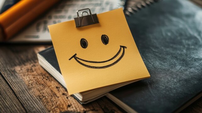 Smiling face drawn on yellow paper, clipped to book.