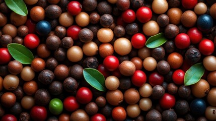 An array of vibrant whole peppercorns showcases the rich diversity of spices, emphasizing the beauty and flavor they bring to culinary creations.