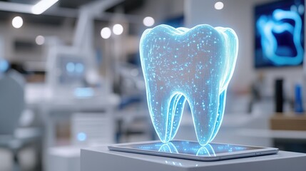 A 3D digital rendering of a tooth on a tablet in a dentist's office.