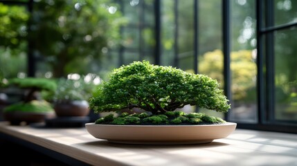 This stylish bonsai tree sits elegantly in a bright room, showcasing its unique shape and the vibrant greenery that adds life to the contemporary space.