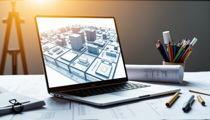 High-performance laptop displaying 3D model in engineering workspace, creativity