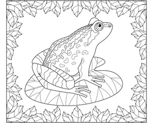 Frog sitting on a leaf of a water lily in a frame of leaves - a vector linear picture for coloring. Outline. Frog, amphibious animal for coloring book	