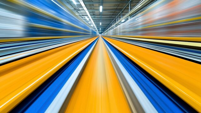 Abstract image of vibrant yellow, blue, and white parallel lines converging at the vanishing point, creating a dynamic sense of depth and motion