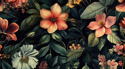Vibrant floral pattern, dark background.