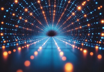 Naklejka premium Abstract tunnel of blue and orange lights. Glowing particles create a futuristic and energetic atmosphere. Dark background enhances the luminous