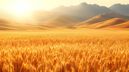 Obraz premium Golden Wheat Field Basking in the Warm Sunlight with Rolling Hills and Mountains in the Background