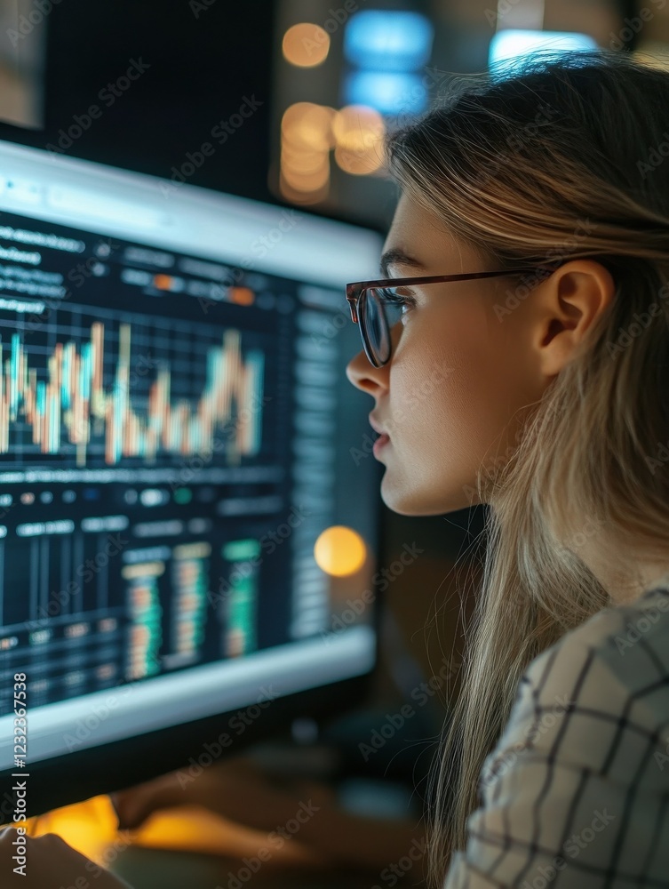 Poster woman analyzing data on a computer screen with graphs and charts.