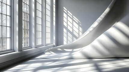 Obraz premium White Abstract Sculpture in a Room with Large Windows and Natural Light streaming through.