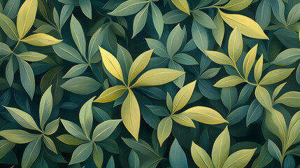 Fototapeta premium Illustration of Lush Green and Yellow Leaves Forms a Dense, Vibrant Background Wallpaper.