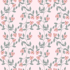 Seamless floral pattern with delicate pink flowers and green leaves on a soft pastel background. Elegant botanical design, perfect for fabric, wallpaper, wedding invitations.
