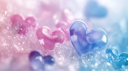 Obraz premium Colorful Translucent Heart Shapes on Sparkling Background with Soft Focus and Pastel Tones